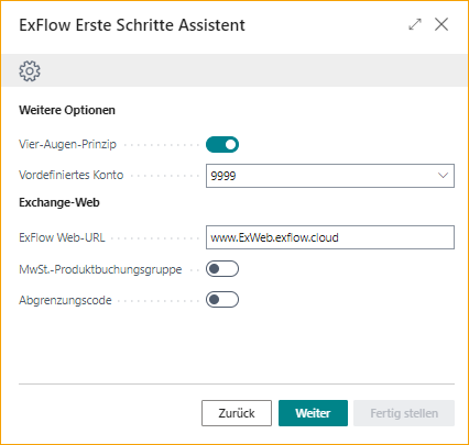 Erste Schritte-Assistent – Zusätzliche Optionen