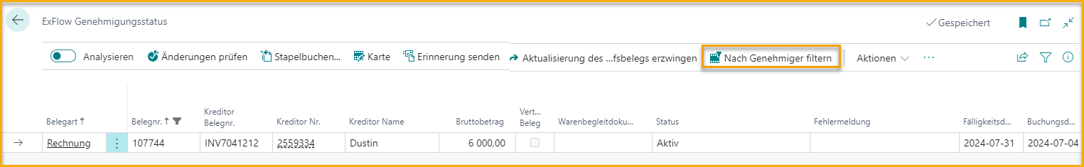 ExFlow Genehmigungsstatus - Filter auf Genehmiger setzen