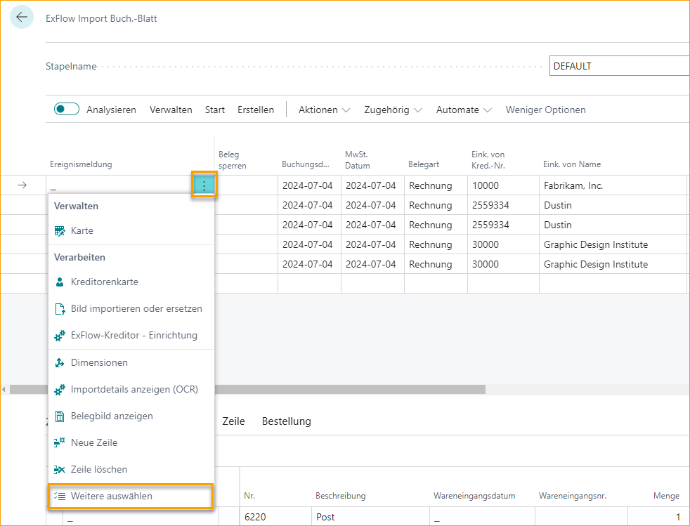 ExFlow Import-Journal - Mehr auswählen