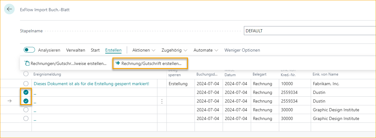 ExFlow Import-Journal - Mehrere Dokumente auswählen und erstellen