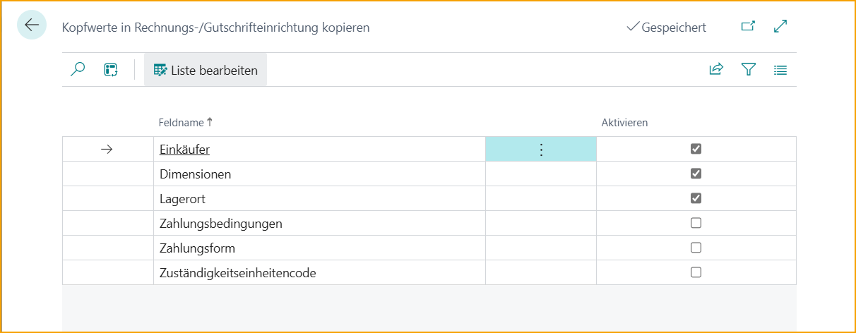 Bestellkopf kopieren – Einrichtung