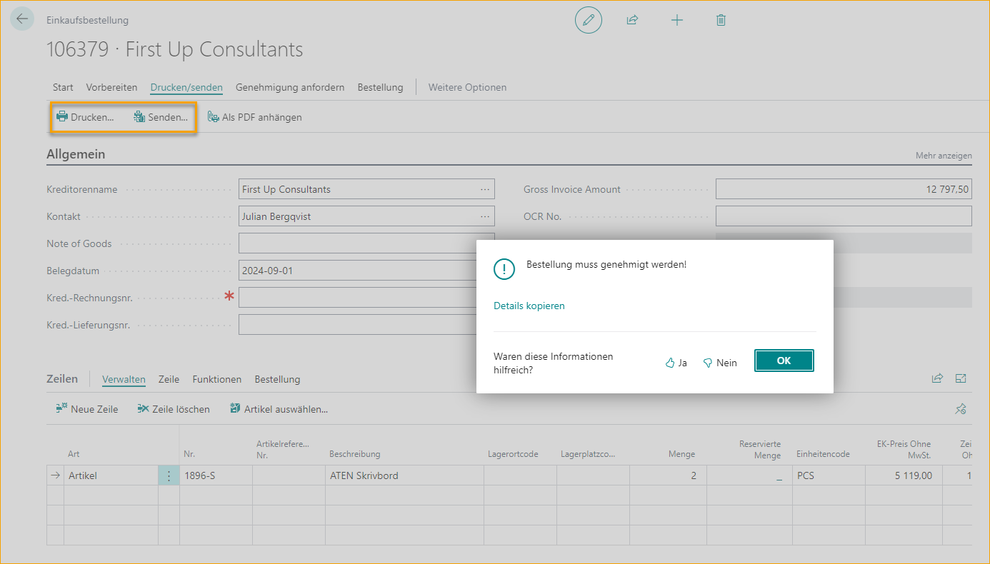 Auftrag - Drucken und Senden blockieren