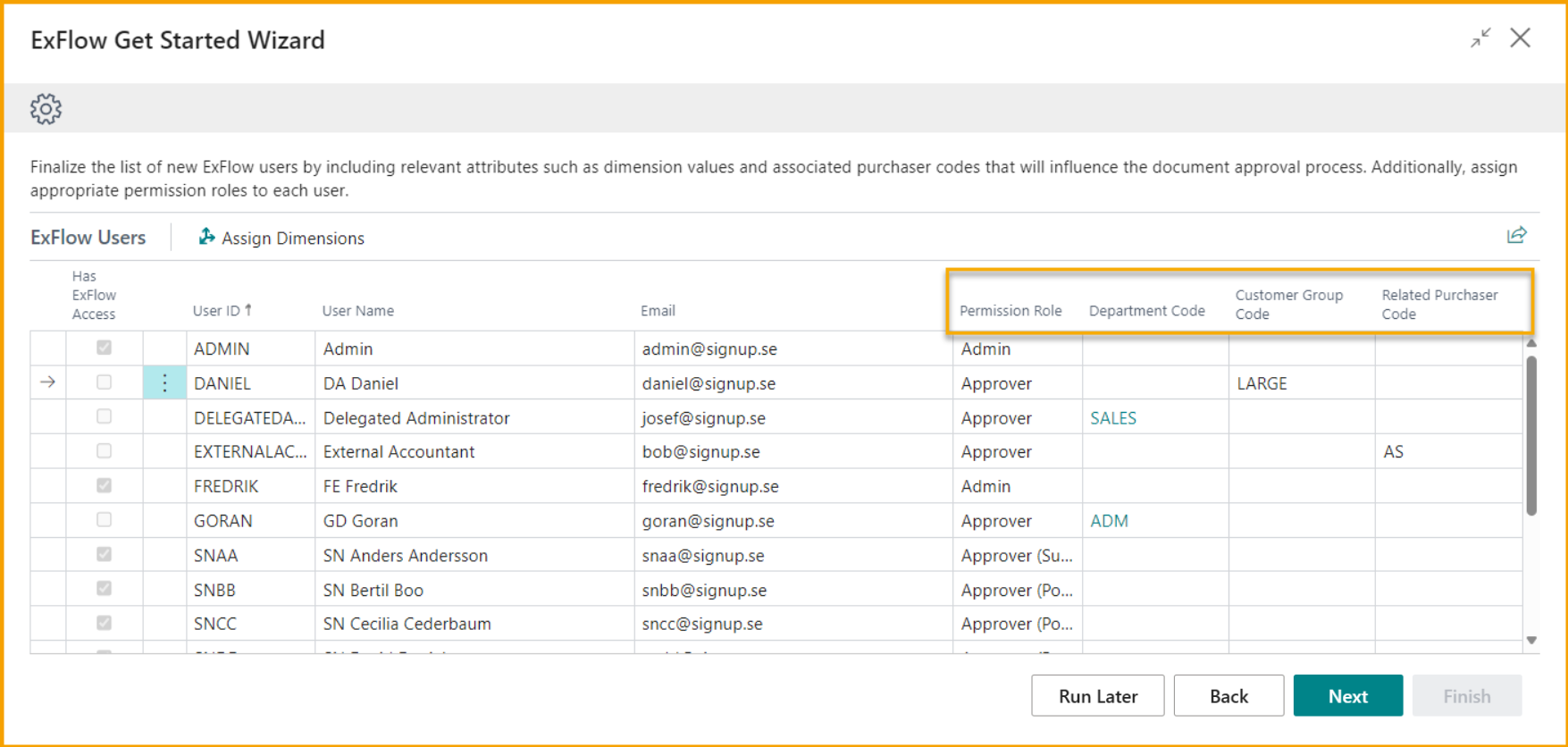 Get Started Wizard - Assign Dimensions