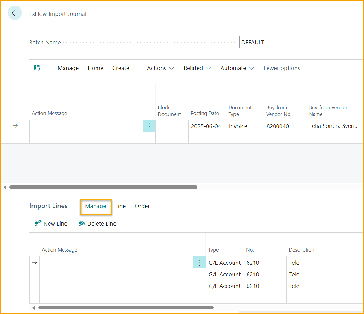 ExFlow Import Journal -- Import Lines
