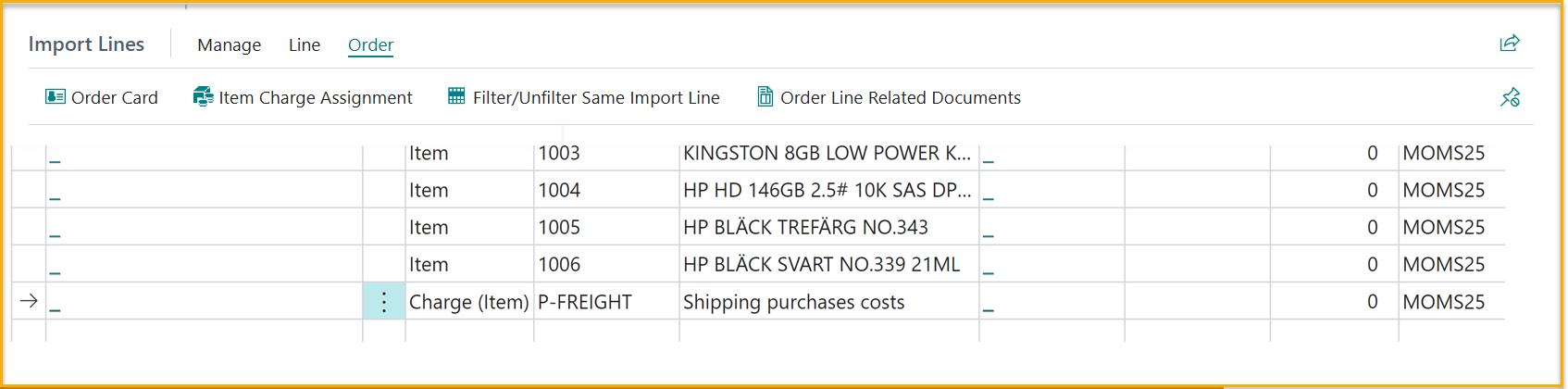 ExFlow Import journal - Import Lines - Item Charge Assignment